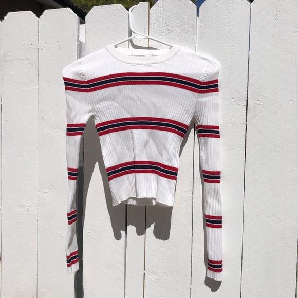 Forever 21 Pleated Red, White, Navy Striped Form Fitting Sweater - Picture 4 of 6